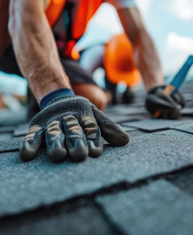 Couvreur professionnel installe des bardeaux d'asphalte en toute sécurité. Main gantée d'un couvreur sur des bardeaux d'asphalte gris. Pose de toiture sous le ciel bleu. Harnais de sécurité orange en arrière-plan.